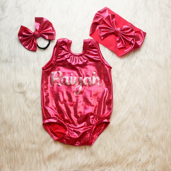 Shiny Pink Personalized Leotard, First Birthday Tank Top, Neon Pink Bow, Hot Pink Head Wrap Bow, Metallic Pink Shirt and Pants