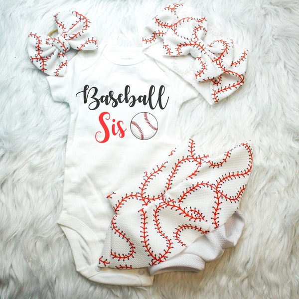Baseball Sister Baby Shirt, Baseball Stitches Skirted Bummy, Baseball Bows and Bummies, Sports themed baby Headband, Baseball legging pants