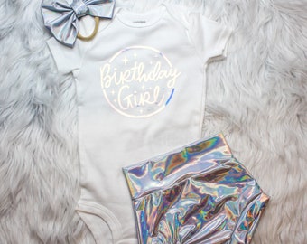 Holographic Iridescent Skirted Bummies, Metallic Silver Bow for Baby girls, Reflective Birthday Shirt, Holo Biker Shorts Toddler 2T, 3T, 4T