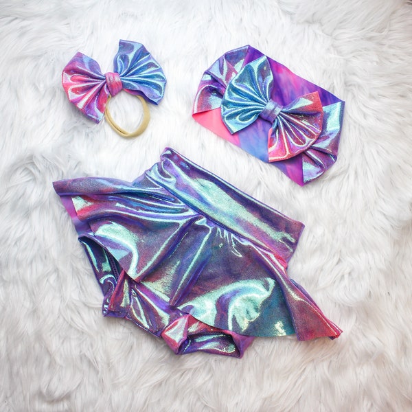 Tie Dye Holographic Skirted Bummy, Metalic Iridescent Bummies and Bow,  Reflective Diaper Cover, Birthday skirt, baby shower gift