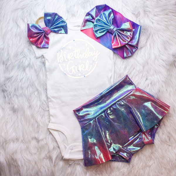 Holographic Birthday Girl Shirt, Tie Dye Holographic Skirted Bummy, Metallic Iridescent Bummies and Bow,  Reflective Diaper Cover