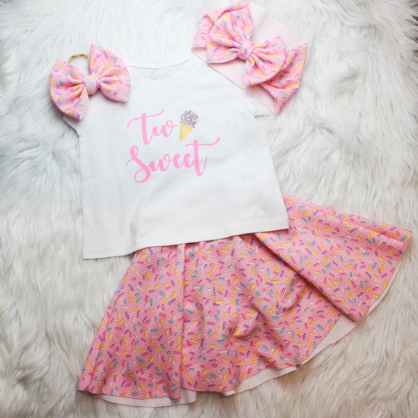 Pink Sprinkles Skirt and Bow for Toddler Girls, Two Sweet Birthday Skort, Donut Sprinkle Bow,  Circle Skirt, 2T, 3T, 4T, 5T