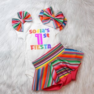 My First Fiesta Serape skirted Bummies, Rainbow diaper cover, Colorful Baby Bow, First Birthday Shirt, Fiesta baby Shirt