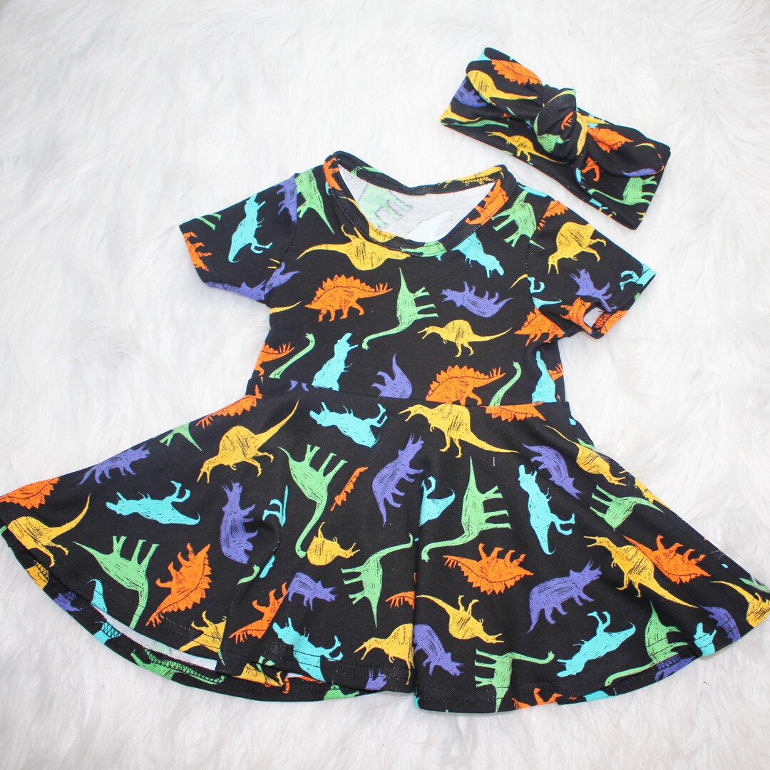 Dinosaurs Dress, Black Rainbow Dinosaurs Circle Skirt Dress, Dinosaur