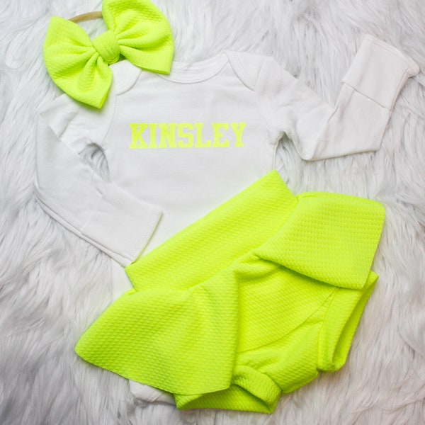 Neon Yellow Skirted Bummy and Bow, Personalized Neon Baby Top, Sunshine Bright Bummie and Bows, Baby shower gift, Coming Home