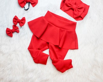 Ruby Red Skirted Bummy, Cherry Red Baby Bell Bottoms, Red Bow Head Wrap and Piggies, Red Bloomers Diaper Cover, Cherry red Skirted Leggings