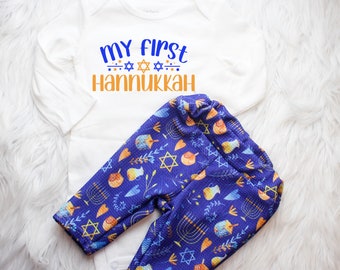 Hanukkah Baby Pants, My first Chanukah Baby Shirt, Hanukkah Bib with Gold star of david