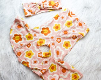 Groovy Retro Flower Power Bell Bottoms, Floral Knotted head wrap, Baby Disco Clothing, Baby Bells
