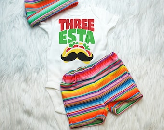 Three-esta Serape Boy Shorts, Boy Birthday serape set, Three-esta Boy Mexico themed birthday for boy pants and shorts