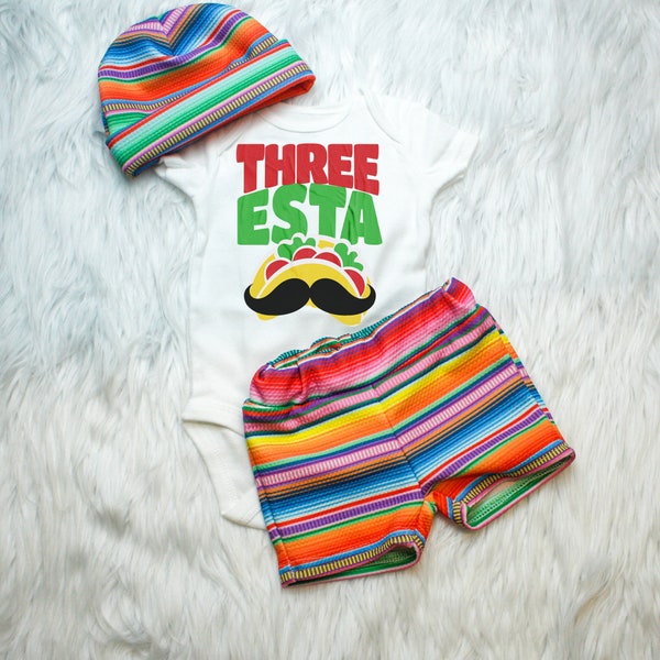 Three-esta Serape Boy Shorts, Boy Birthday serape set, Three-esta Boy Mexico themed birthday for boy pants and shorts