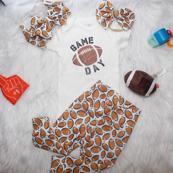 Football Pants and Bow, Sport Bummie Outfit, Gender Neutral Coming Home clothes, First Birthday , Football Head Wrap, Football Bow