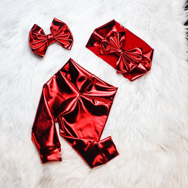 Red Faux Leather Pants, Metallic Red Baby Leggings, Red Bow Head wrap. Red Leather bloomers diaper cover, Personalized First birthday shirt