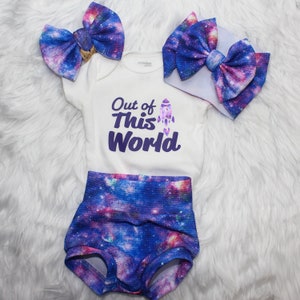 Galaxy Bummy and Bow, Celestial Gender Neutral, Blue and Purple Bummie, Birthday Set, Smash Cake, Baby shower gift, Coming Home