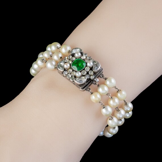 Antique Victorian Pearl Bracelet Green Paste Silv… - image 5