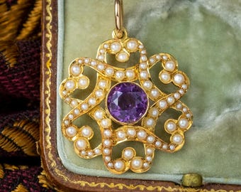 Antieke Victoriaanse amethist parelhanger 15kt gouden doos