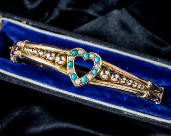 Antique Victorian Turquoise Pearl Heart Bangle 9ct Gold