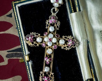Antique Victorian Austro-Hungarian Pearl Garnet Cross Pendant