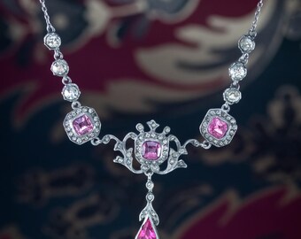Antique Edwardian Pink Paste Lavaliere Necklace Silver