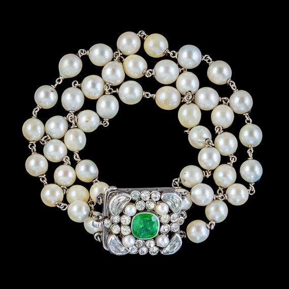 Antique Victorian Pearl Bracelet Green Paste Silv… - image 1