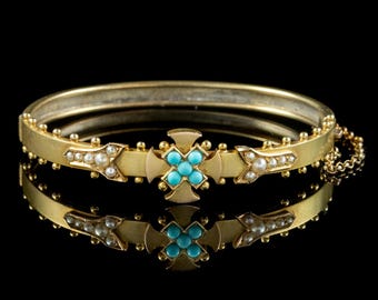 Antique Victorian Turquoise Celtic Cross Bangle 15ct Gold Circa 1880 Boxed