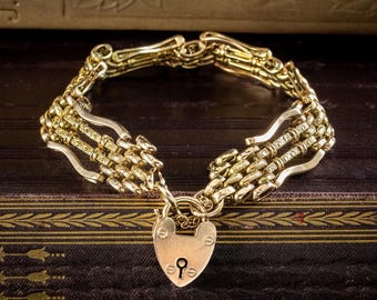Antique Victorian 9ct Gold Gate Bracelet And Heart Padlock