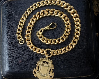 Antique Edwardian Albert Chain Necklace Silver 18ct Gold Gilt With Medallion