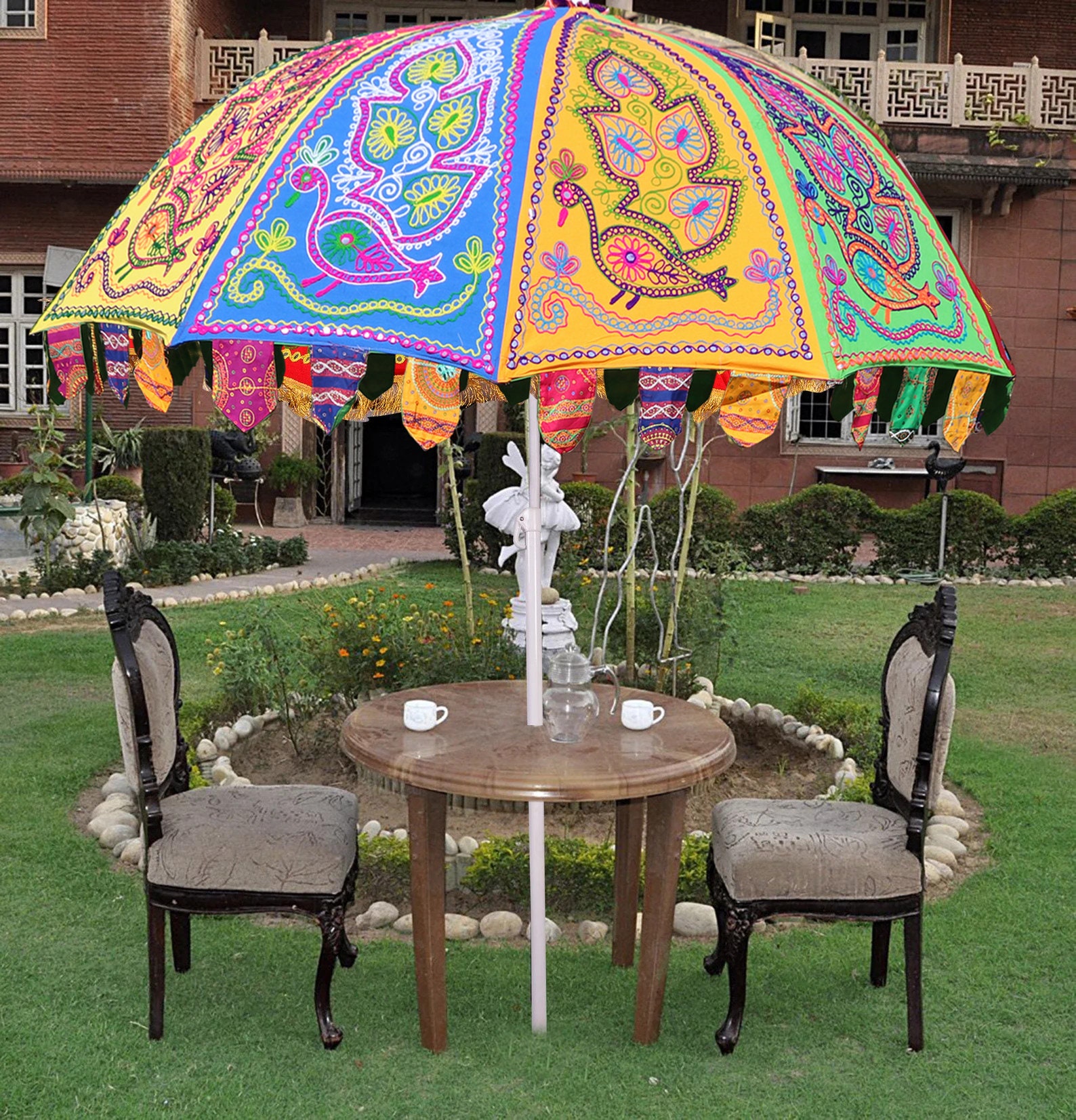 bellissimo ombrello da giardino unico decorazione esterna Party Umbrella Size 72 'Patio sulla spiaggia. Nuovo Rajasthani Multi Color Handmade grandi ombrelloni Accessori Ombrelli e accessori per la pioggia 