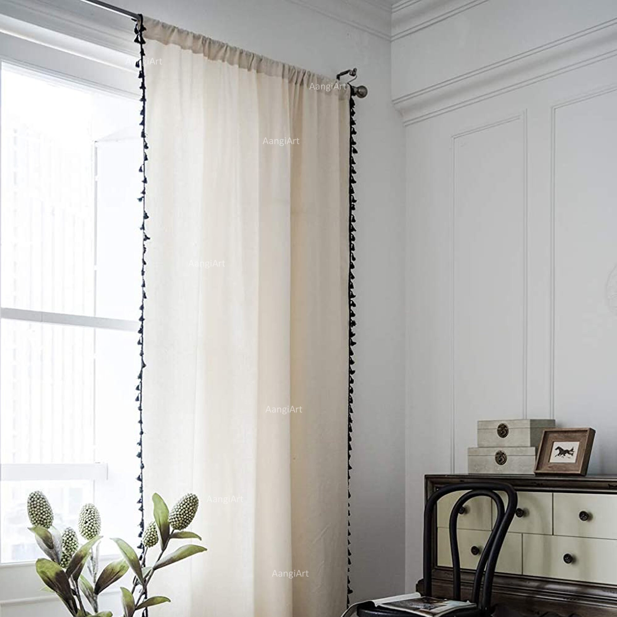 Beautiful Cotton Curtain Panel Black Fringes Tassels Curtain - Etsy UK