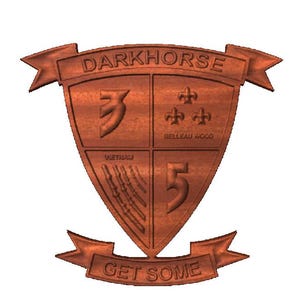May include: A wooden plaque with a shield design and the text "DARKHORSE" at the top. The shield is divided into four sections, each with a different symbol. The top left section has a stylized "3", the top right section has three fleurs-de-lis with the text "Belleau Wood" below, the bottom left section has a stylized "VIETNAM" with a series of lines below, and the bottom right section has a stylized "5". The plaque has a banner at the bottom with the text "GET SOME".