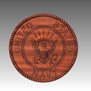 May include: A wooden plaque with a rope border and the United States Navy seal. The seal features an eagle with a shield and a rope with an anchor and a key.