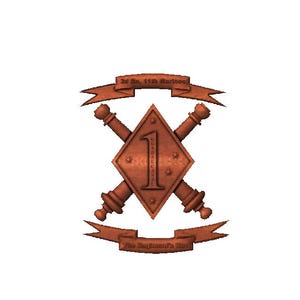 May include: A brown metal emblem with a diamond shape and the number "1" in the center. The diamond is surrounded by two crossed cannons and a banner that reads "2d Bn. 11th Marines" and another banner that reads "The Bulldog's Breed".