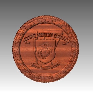 May include: A circular wooden emblem with the text "CLR-17" and "Combat Logistics Regiment" in a circular design. The centre features a shield with an eagle, globe, and anchor emblem. The outer ring reads "In Character, Expeditionary, Flexible in Nature."