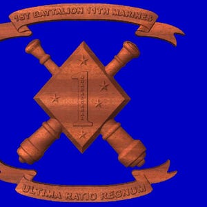 May include: A wooden plaque with the inscription "1st Battalion 11th Marines" and "Ultima Ratio Regum" in a banner design. The plaque features a diamond shape with a large number "1" in the center and crossed cannons.