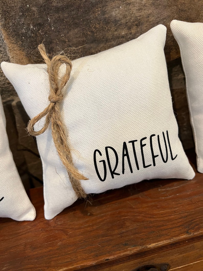 Tiny Pillows 5x5 Inches, Mini Pillows, Set of Three, Thankful Grateful