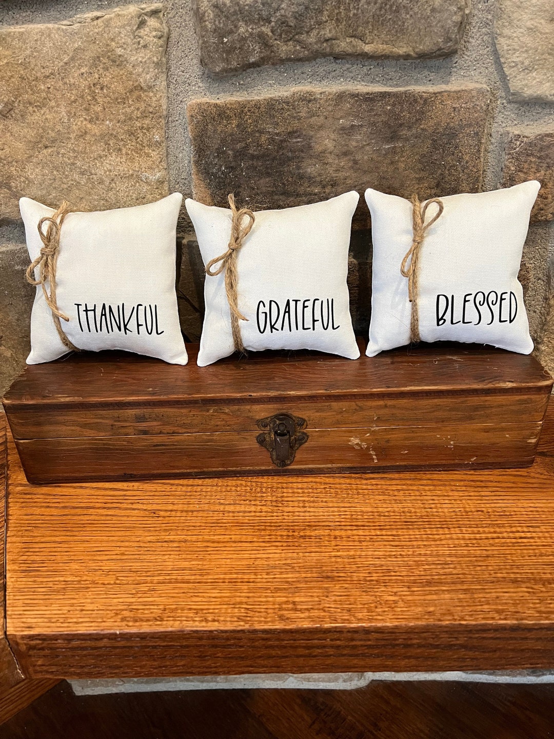 Tiny Pillows 5x5 Inches, Mini Pillows, Set of Three, Thankful Grateful