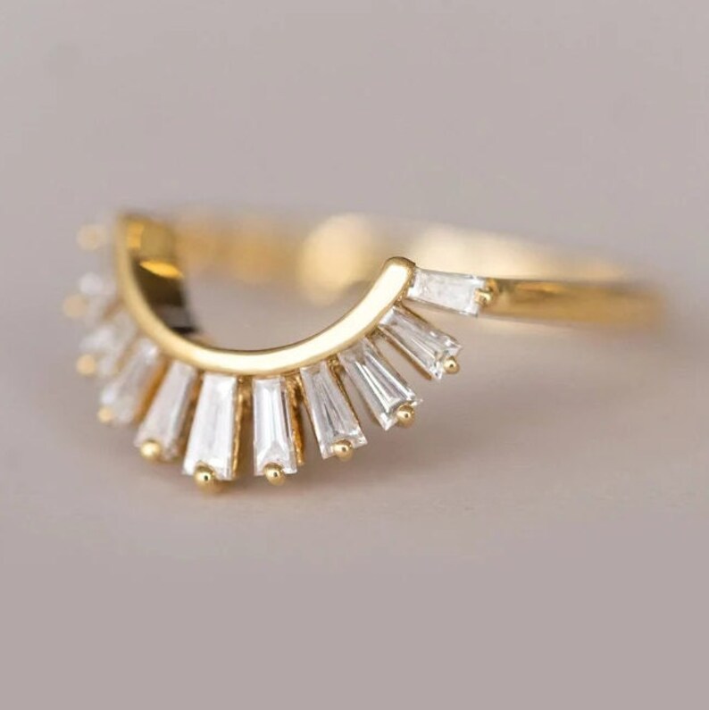 Tapered Baguette Curve Wedding Band 14k Solid Gold Ring Etsy