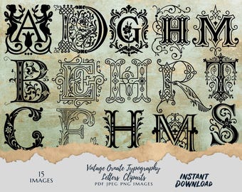 Vintage Ornate Typography Letters Clipart | A, B, C, D, E, G, H, M, R, S, T | Digital Download | Antique Monogram Alphabet PNG JPEG