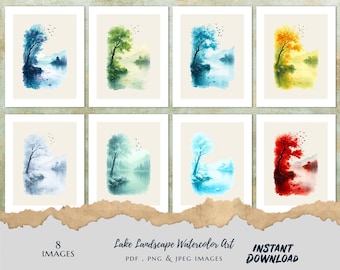 Lake Landscape Watercolour Art Prints , 8 Digital Download Images , Nature Wall Arts , Scenic Tree & Lake
