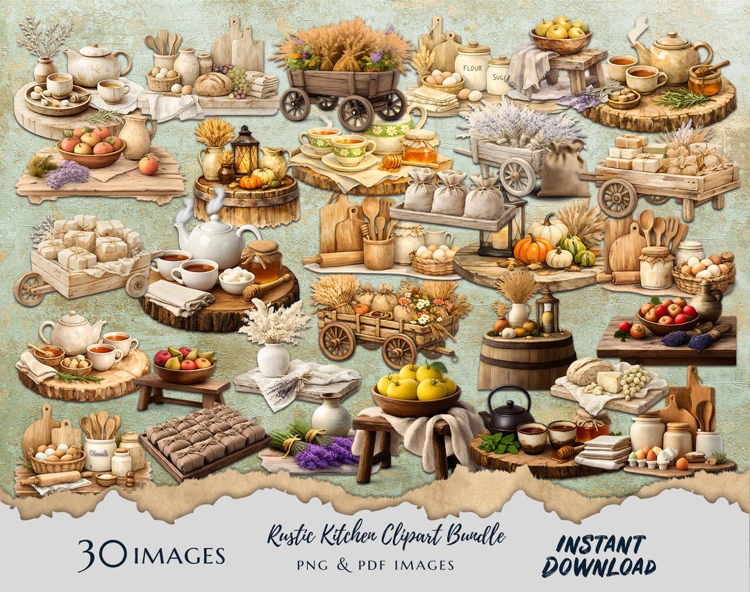 Recipe Graphics Rustic Rustic Kitchen Clipart Bundle , Vintage Farmhouse Food & Decor ...