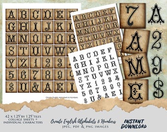 Ornate English Alphabets & Numbers – Vintage Collage Sheet Pack , Digital Download
