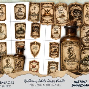 May include: A selection of vintage apothecary labels and bottles. The labels display illustrations and text including "Mermaid Tears," "Basilisk Venom," and "Divine Beast Blood." The image includes the text "Apothecary labels Images Bundle" and "Instant Download."