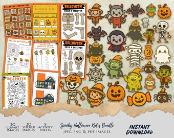 Halloween Clip Art and Activity Bundle - Cute Little Halloween - Kids Halloween - Witch, Vampire, Mummy, Ghost - PNG - Digital Download