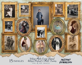 Antique Vintage Photo Frame Clipart Set – Ornate Portrait Frames , PNG & PDF Images ,  Instant Download
