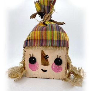 Fall Wood Block Scarecrow Shelf Sitter, Cute Autumn Scarecrow Girl, Rustic Fall Wood Scarecrow Girl, Fall Harvest Scarecrow Decor