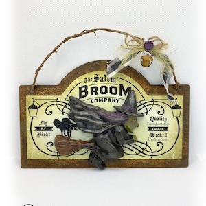 Halloween Witch Sign, Rustic Broom Company Sign, Halloween Decor, Witch Chalkware Sign, Rustic Halloween Sign, Farmhouse Halloween Decor