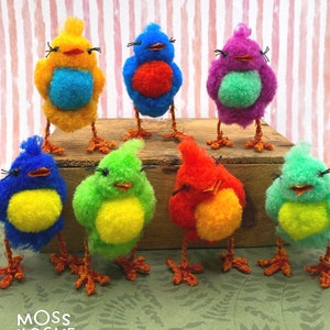 Pom Pom Chick with Wire Legs, Easter Decor, Cotton Chick Shelf Sitter, Cotton Ball Easter Chick, Spring Decor, Chicken Decorations