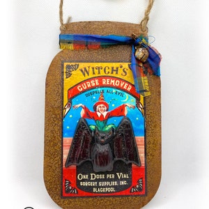 Halloween Witch Curse Sign, Rustic Halloween Bat, Halloween Decor, Bat Chalkware Sign, Rustic Halloween Hanger, Gothic Witch Sorcery Sign