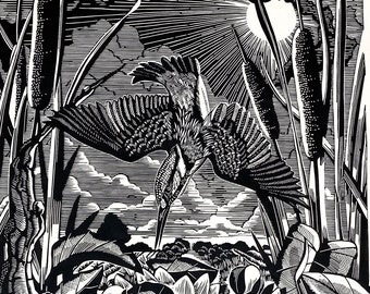 Kingfisher and pike linoprint “King of the river”