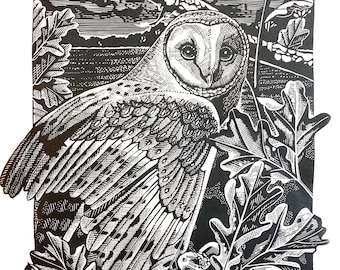 Barn owl Linoprint