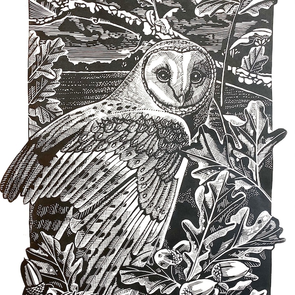 Barn  owl Linoprint, Lino print